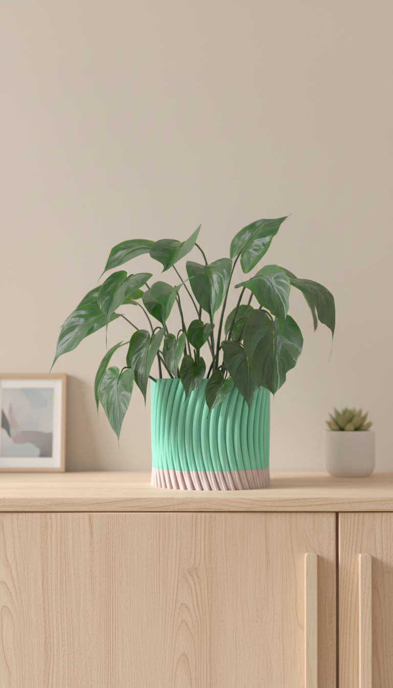 Modern Twist Self-Watering Planter sideboard teal and pink with botanical art