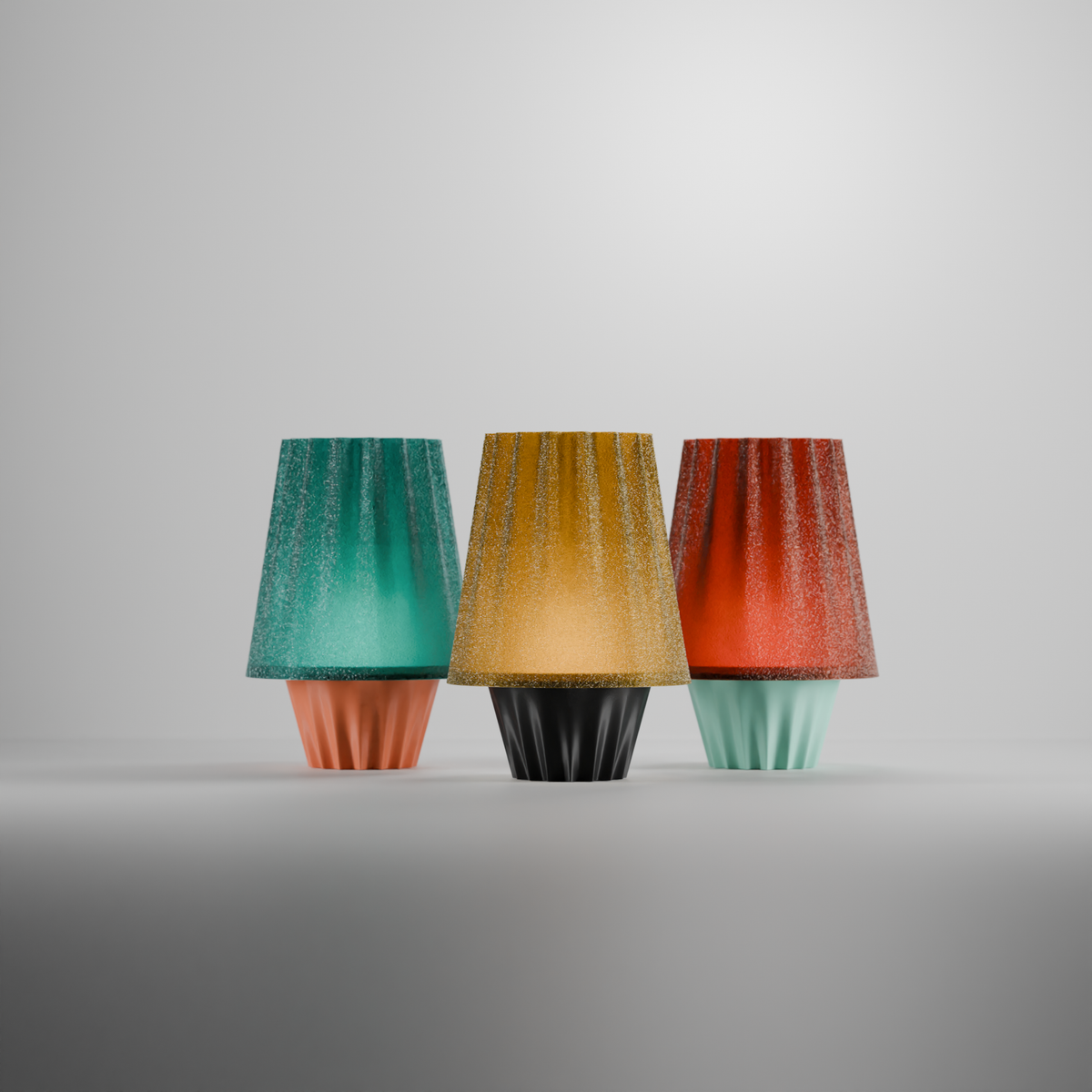 Fluted ambient lamps shown in a range of shade colours