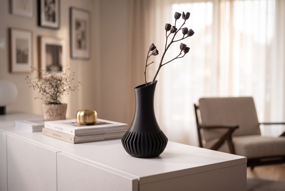 Veluna vase with pampas grass on sideboard, warm golden light