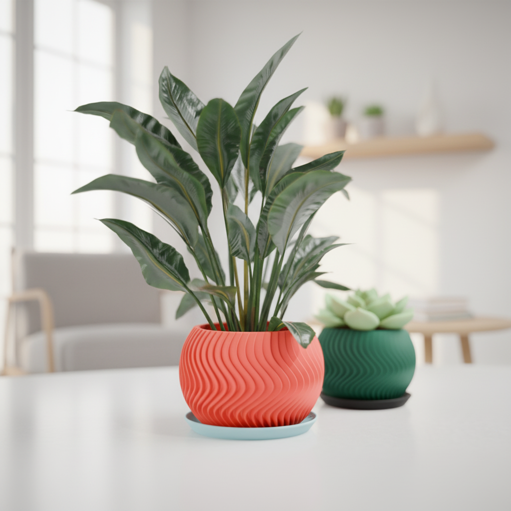 Modern Wavy Planter Pot rounded globe form flowing vertical wave texture coral red with matching light blue drainage tray holding large tropical plant and deep green globe planter with succulent bright contemporary interior hero shot