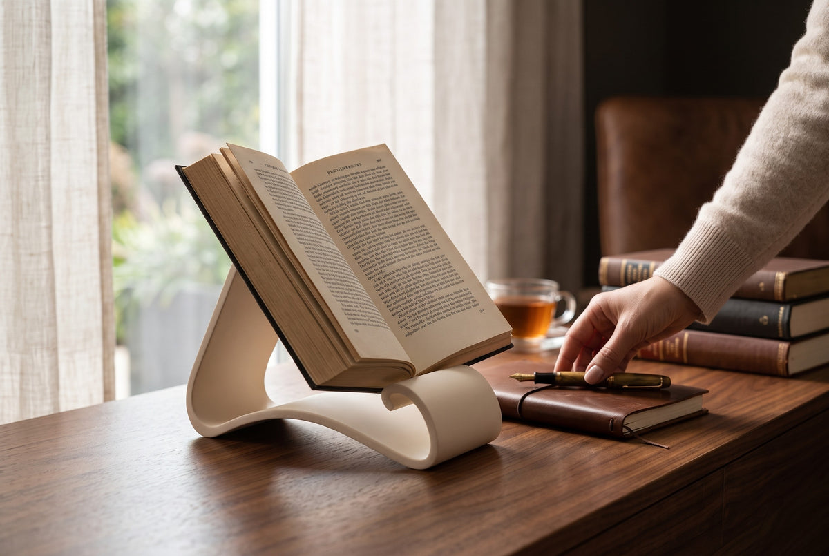 Wavy Book Stand in white with book placed face-down as a page marker, close-up view