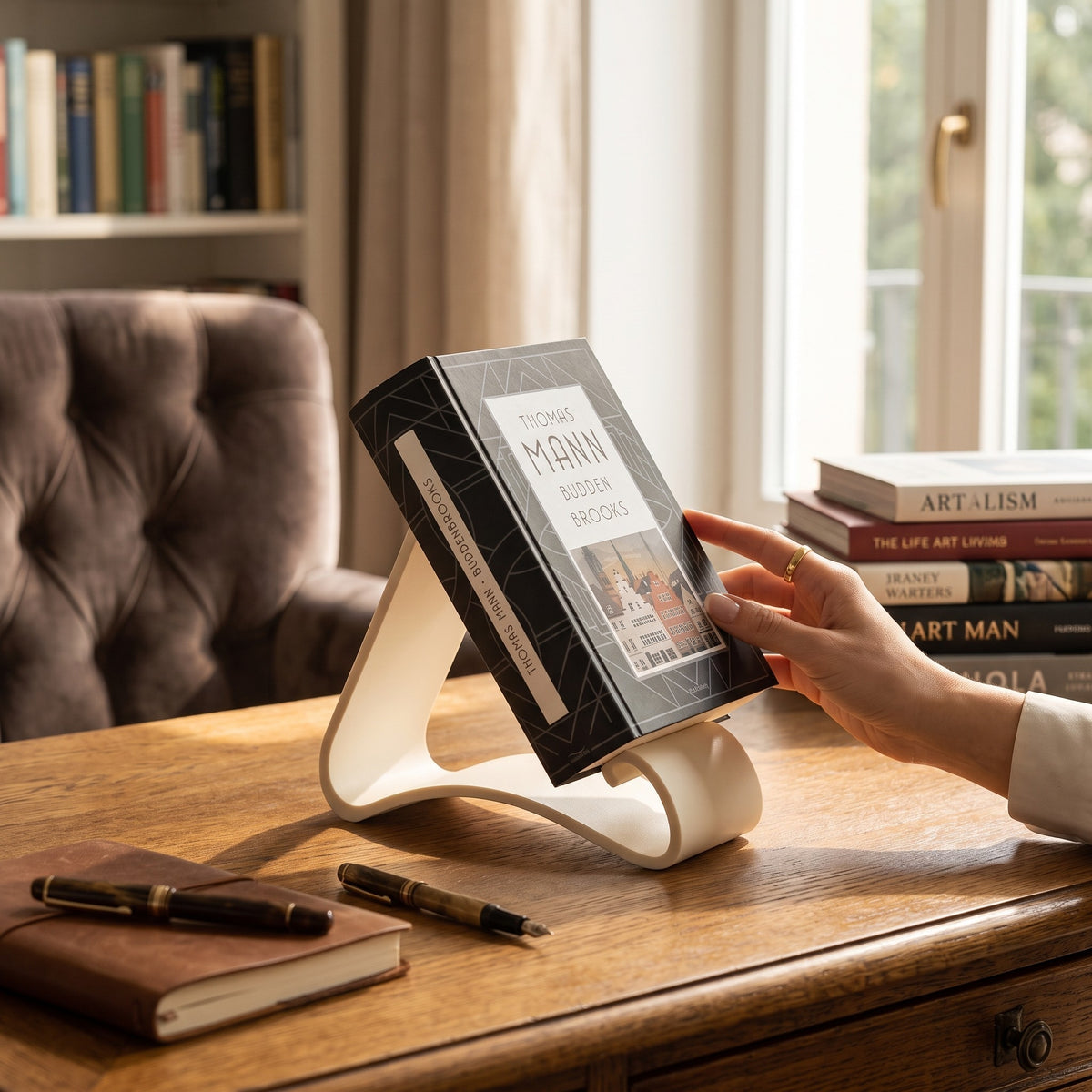 Wavy Book Stand in white holding a book upright, side angle view on wooden surface