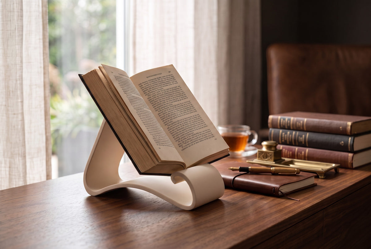 Wavy Book Stand in white with book placed face-down as page marker, side angle view