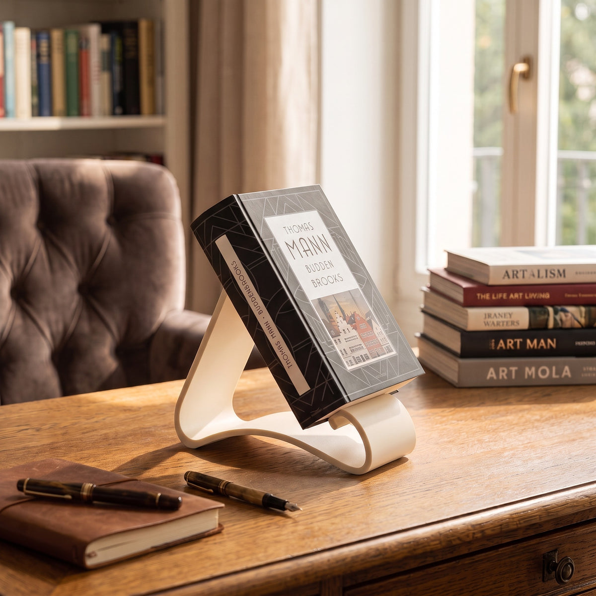 Wavy Book Stand in white holding a book upright, product detail shot