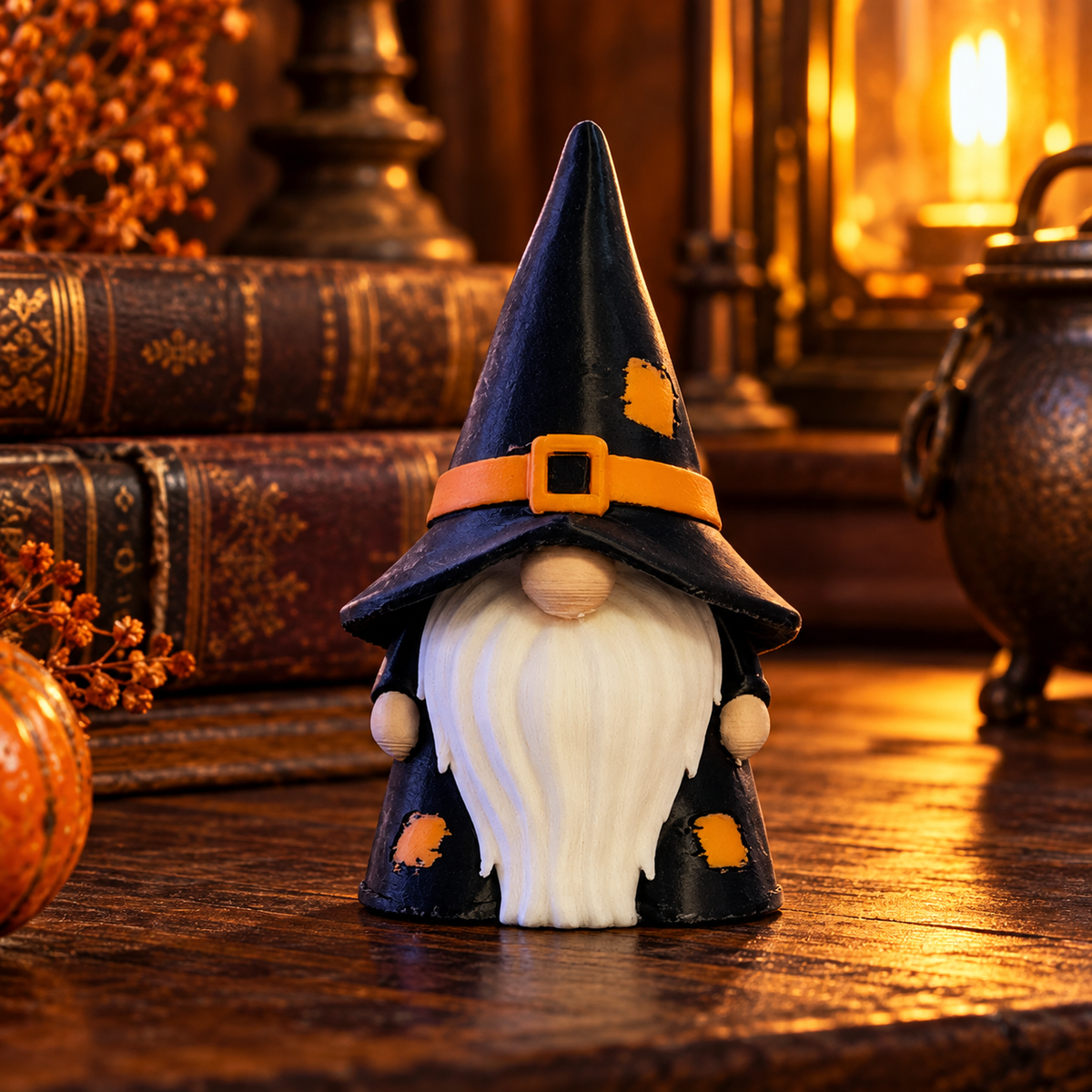 Gnome Wizard decorative figure with black hat, orange buckle and white beard displayed with autumn décor
