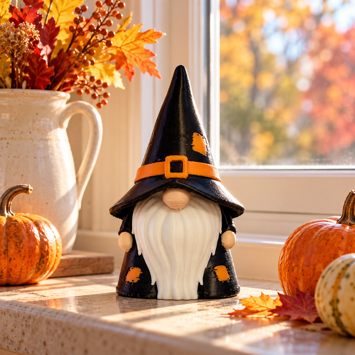 Gnome Wizard decorative figure displayed on a shelf beside books and autumn leaves