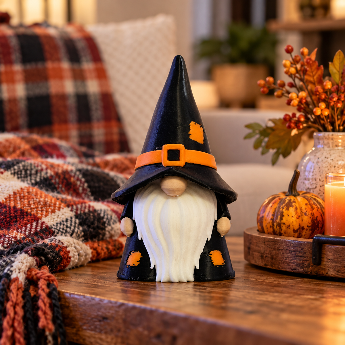 Gnome Wizard decorative figure styled with pumpkins, flowers and fallen leaves