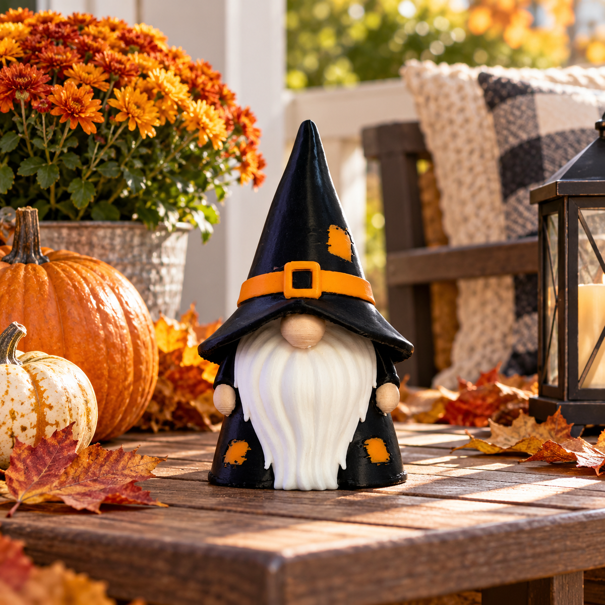 Gnome Wizard decorative figure displayed with pumpkins, candles and Halloween décor