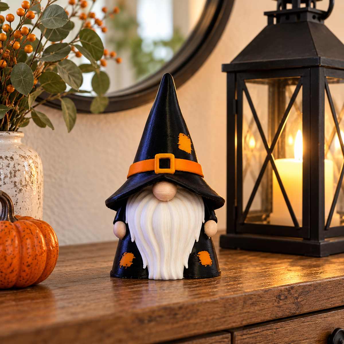 Gnome Wizard decorative figure styled with warm candlelight and autumn decorations