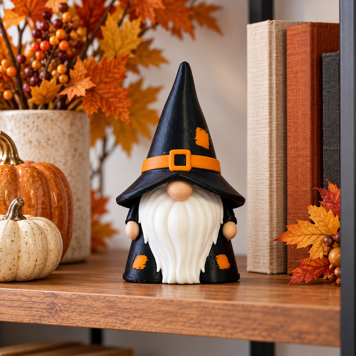 Gnome Wizard decorative figure displayed beside a bright window with autumn leaves