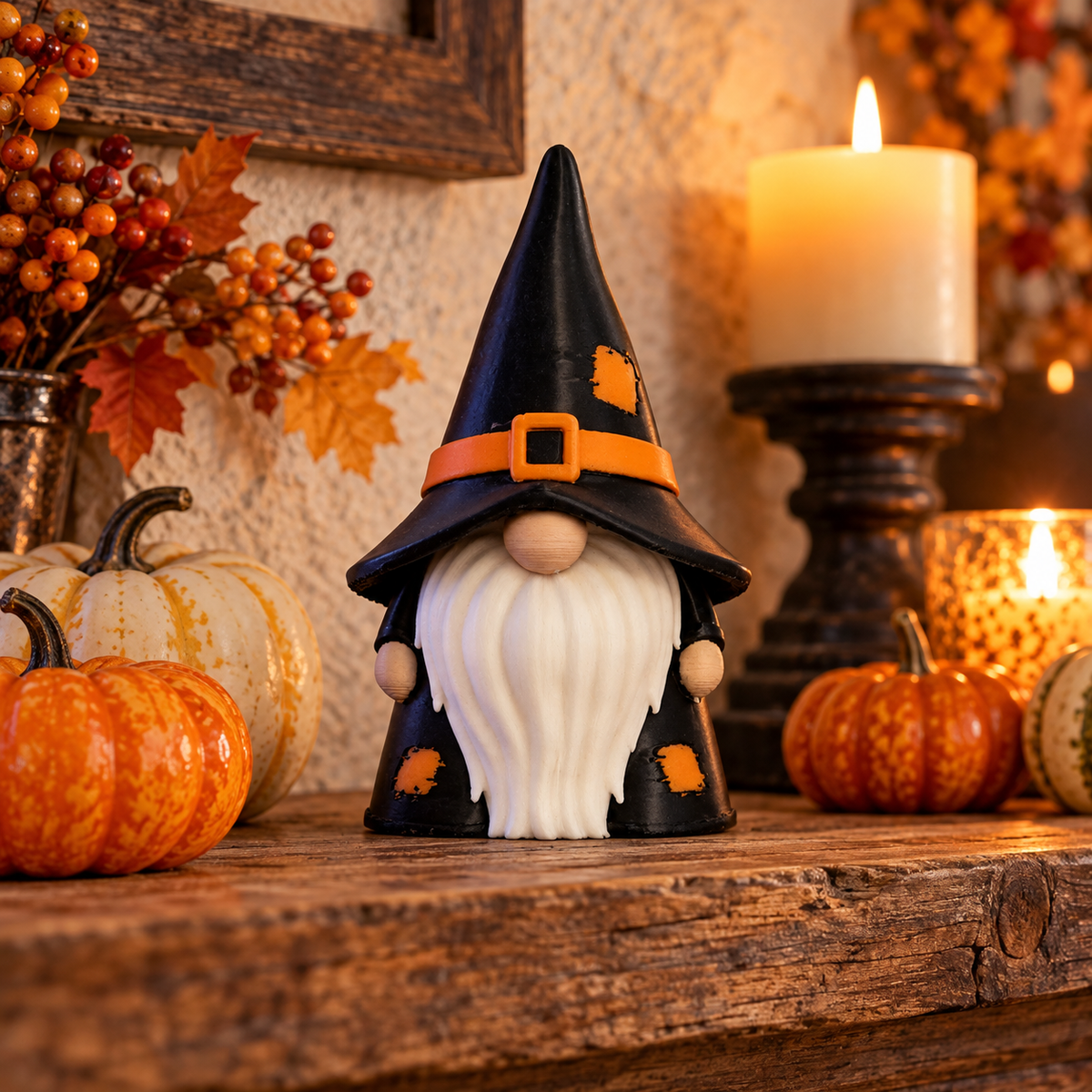Gnome Wizard decorative figure displayed beside a lantern and pumpkins