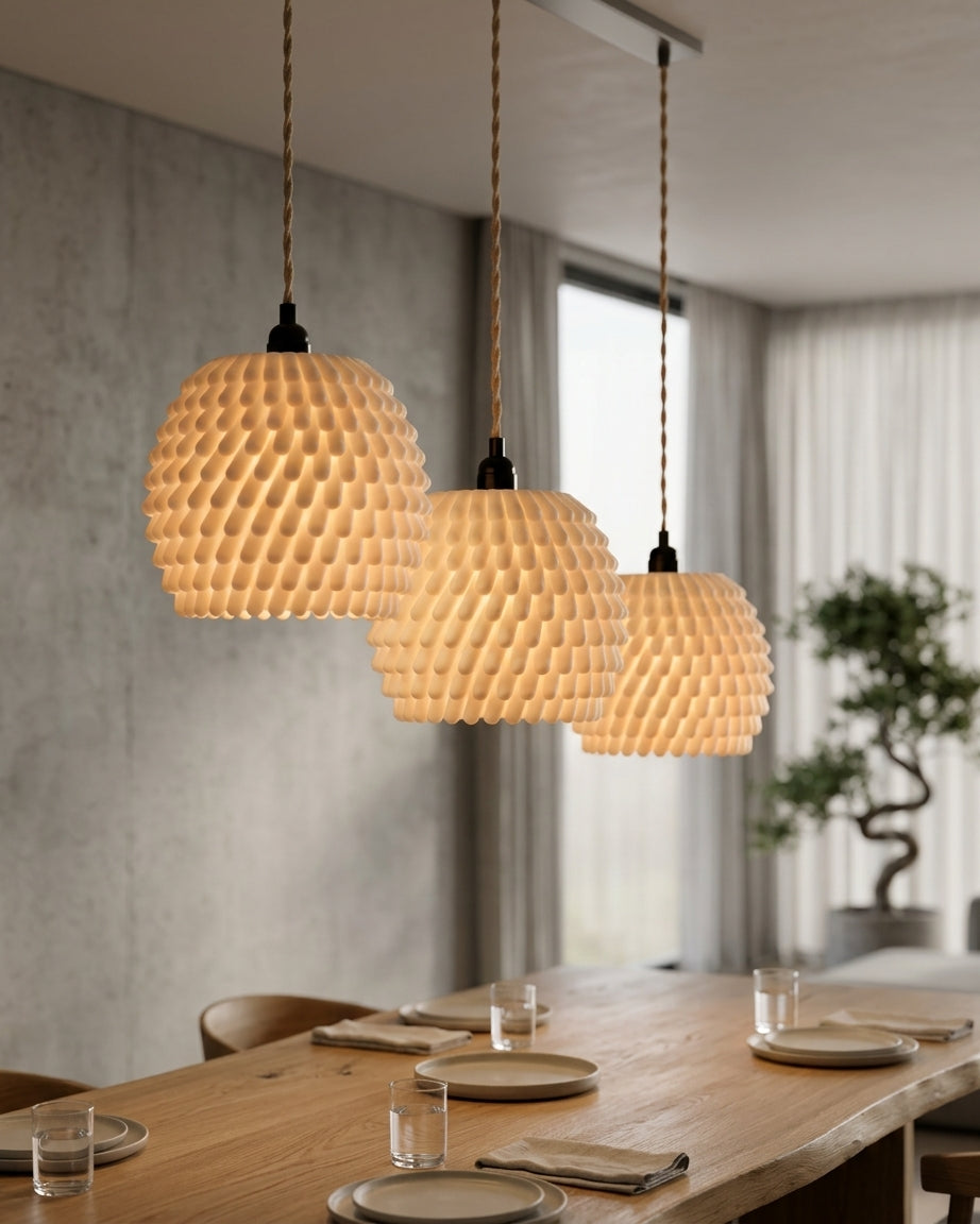 Sea anemone pendant lampshade glowing warm on dark grey background product shot