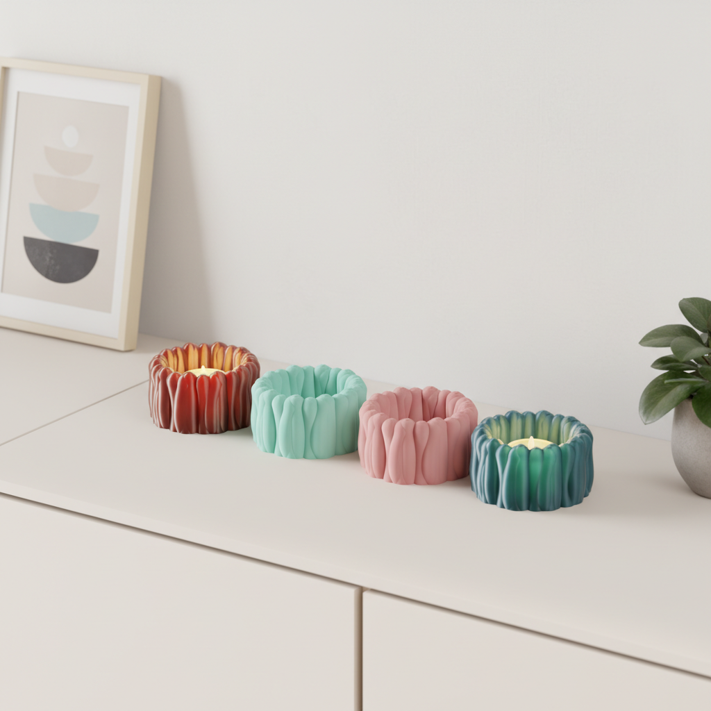 Organic Ribbed Tealight Holder terracotta teal pink green four colour floating editorial with geometric shapes