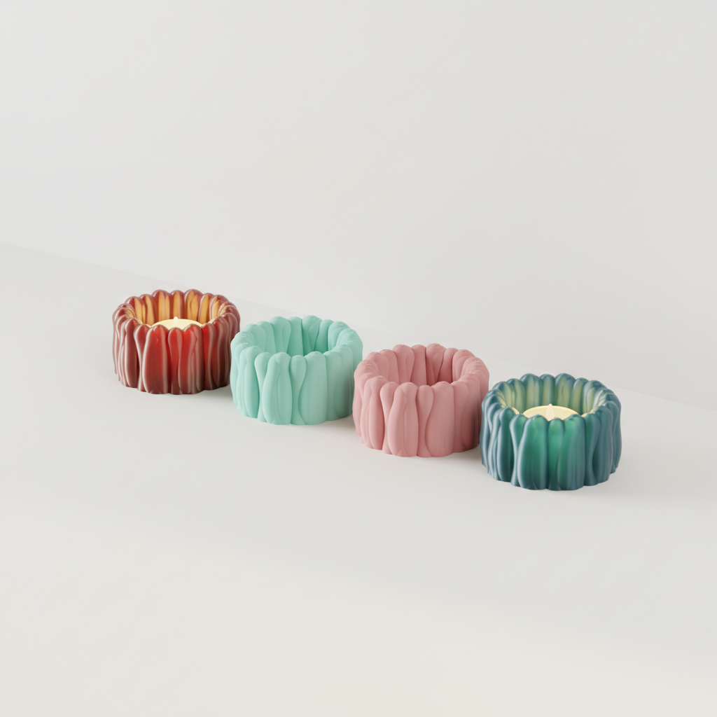 Organic Ribbed Tealight Holder terracotta teal pink green four colour row on cream sideboard