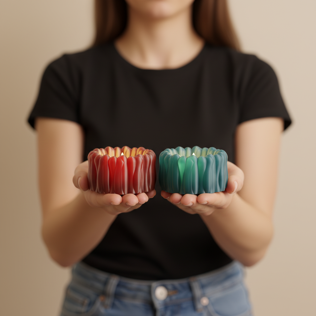 Organic Ribbed Tealight Holder terracotta teal pink green four colour wide view on cream sideboard