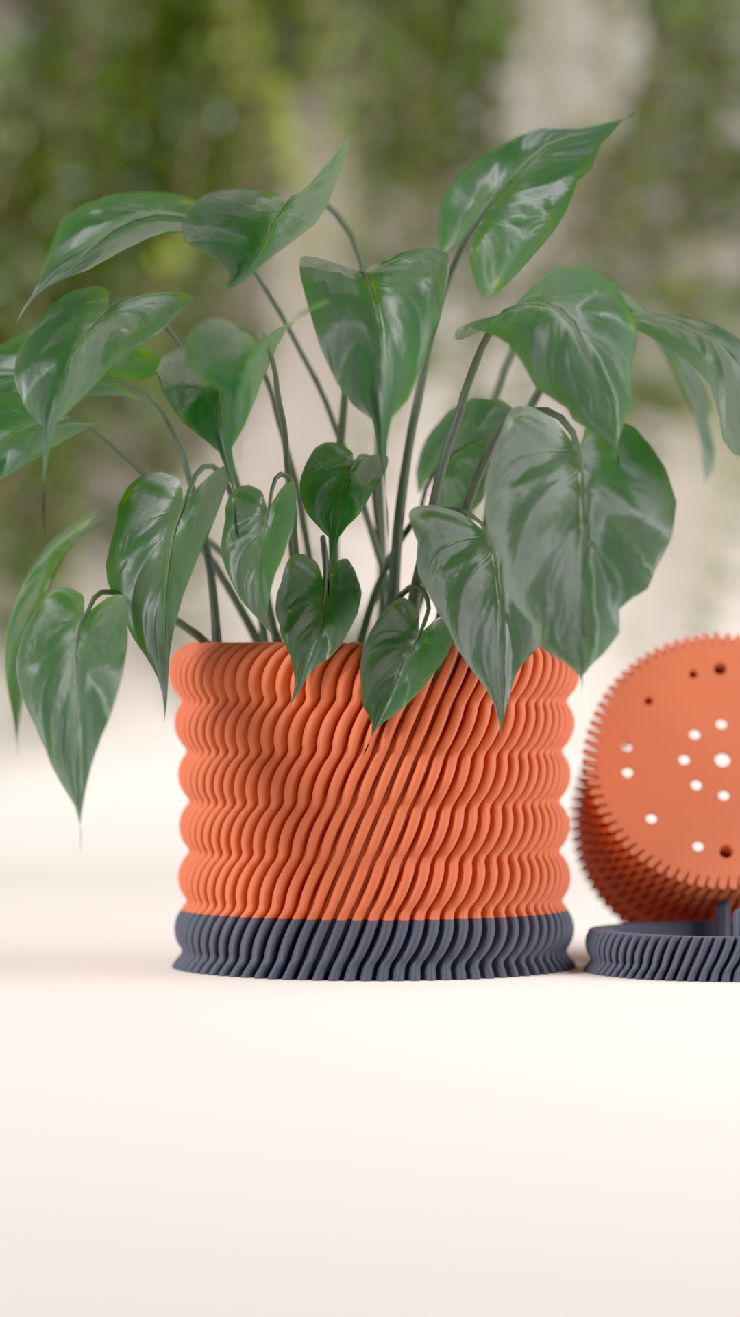 Modern Ripple Planter terracotta orange with navy base lifestyle render