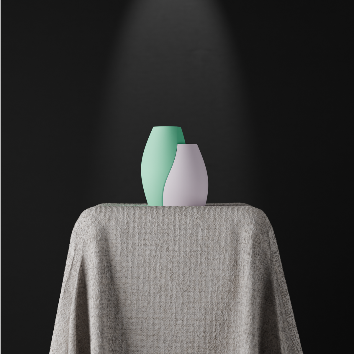 Curved Minimalist Vases pair tall wide-bodied sage green and shorter narrower soft lavender smooth biomorphic ovoid matte finish draped linen plinth dark studio dramatic spotlight hero shot