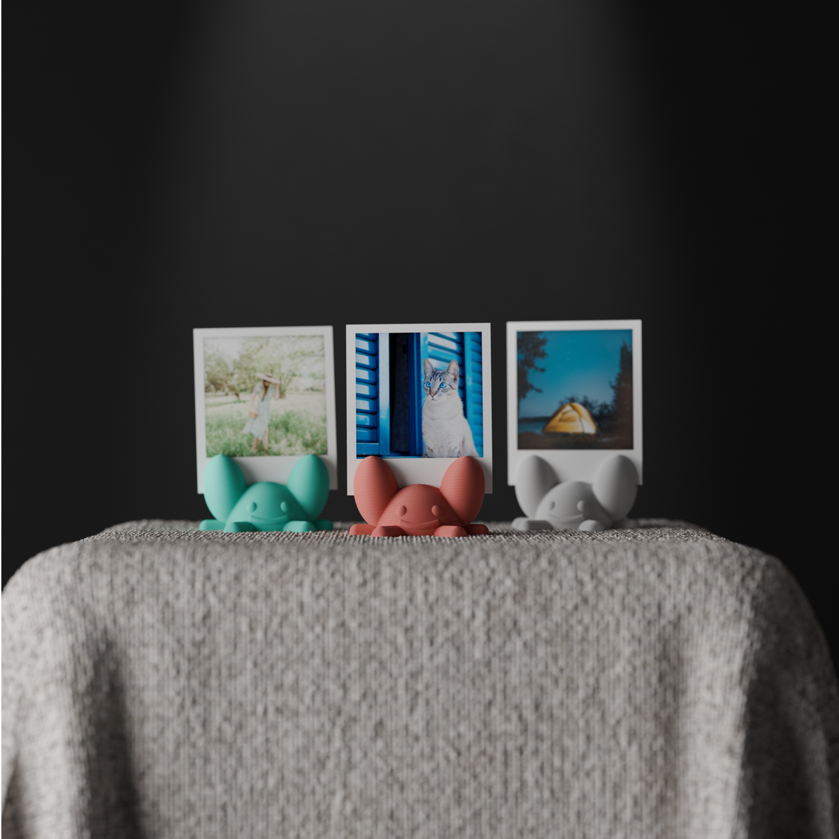 Crab Photo Holder dark studio with linen surface wide shot