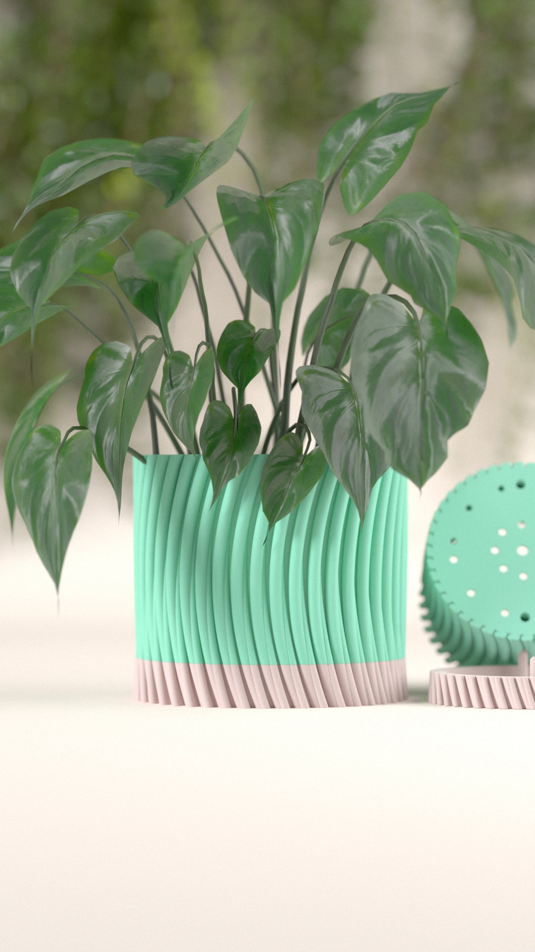 Modern Twist Self-Watering Planter close-up with dripper top teal with pink base
