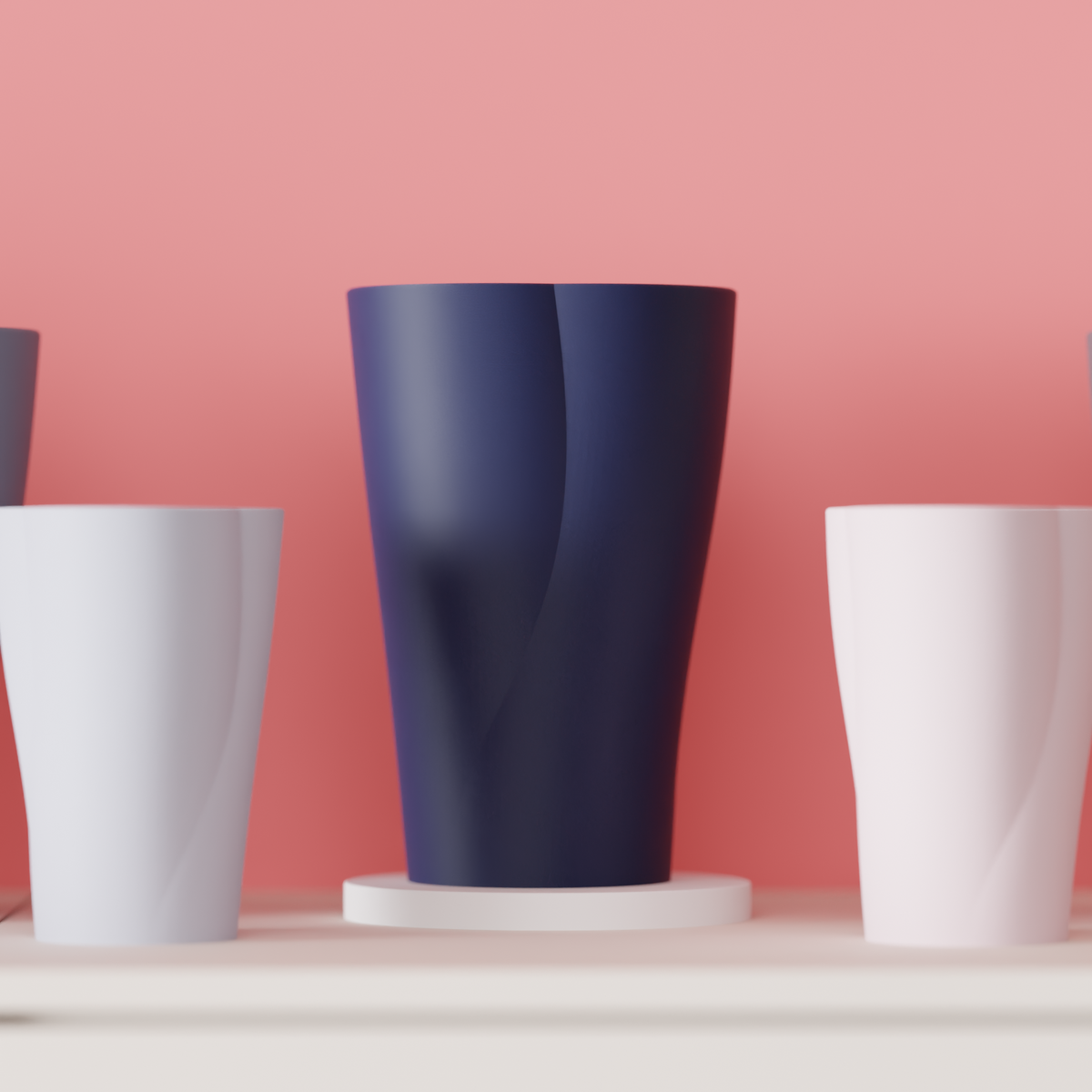 Elegant Modern Curve Vase wide tapered truncated-cone silhouette softly pinched waist twist navy white disc base white sideboard coral pink wall close up portrait