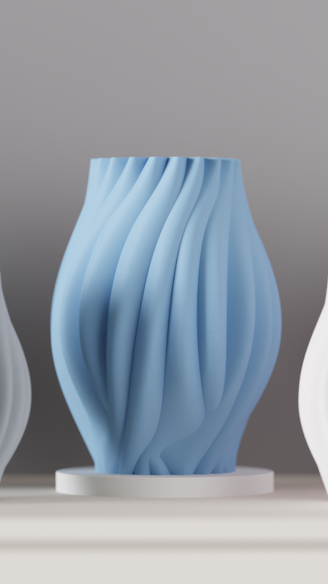 Organic Flow Vase powder blue deeply sculpted flowing drape-fold spiral surface plain white background close up portrait