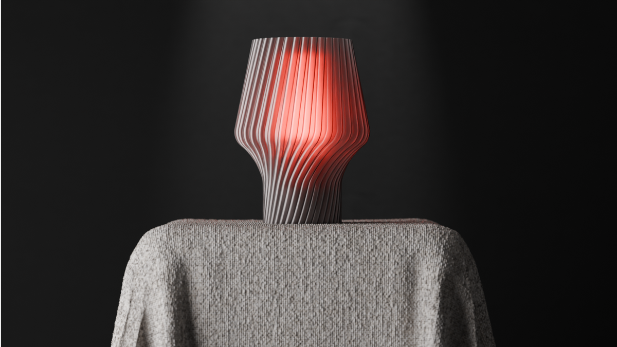 Twist Form Table Lamp grey ribbed twist silhouette warm red glow render plain background