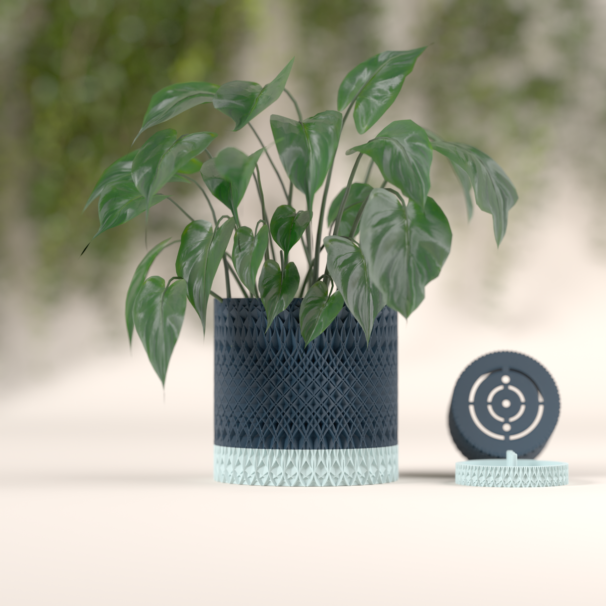 Geometric Textured Plant Pot dark navy diamond lattice cylindrical body pale ice-blue diamond lattice detachable drainage saucer base holding lush Philodendron blurred botanical backdrop hero shot