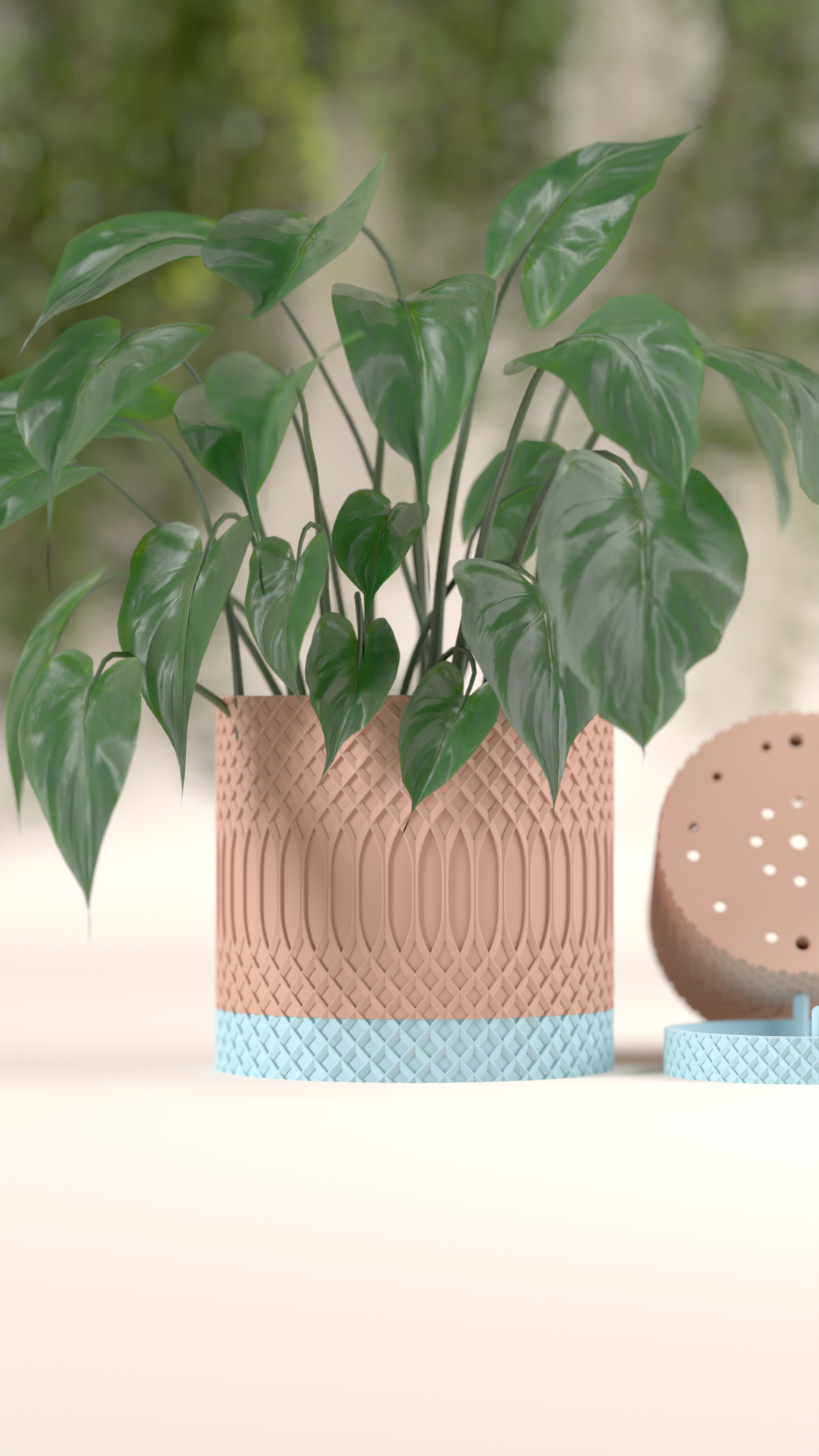 Two-Tone Textured Planter blush pink with blue base full product render