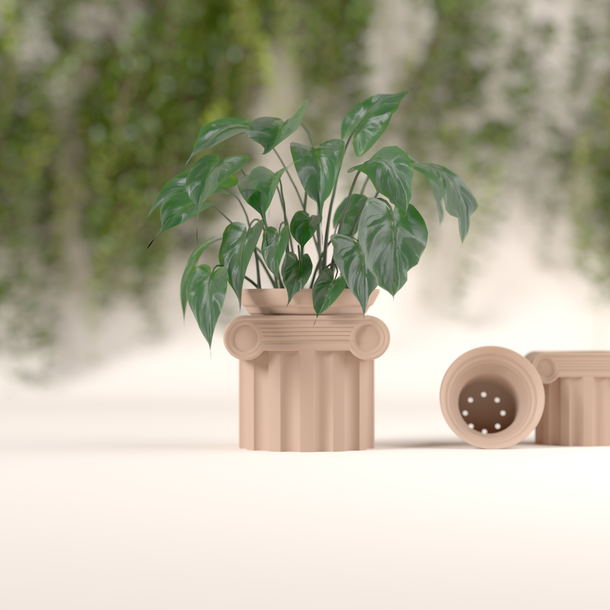 Roman Planter taupe Ionic column planter fluted shaft Ionic capital scroll details drainage holes holding lush Philodendron misty green botanical backdrop hero shot