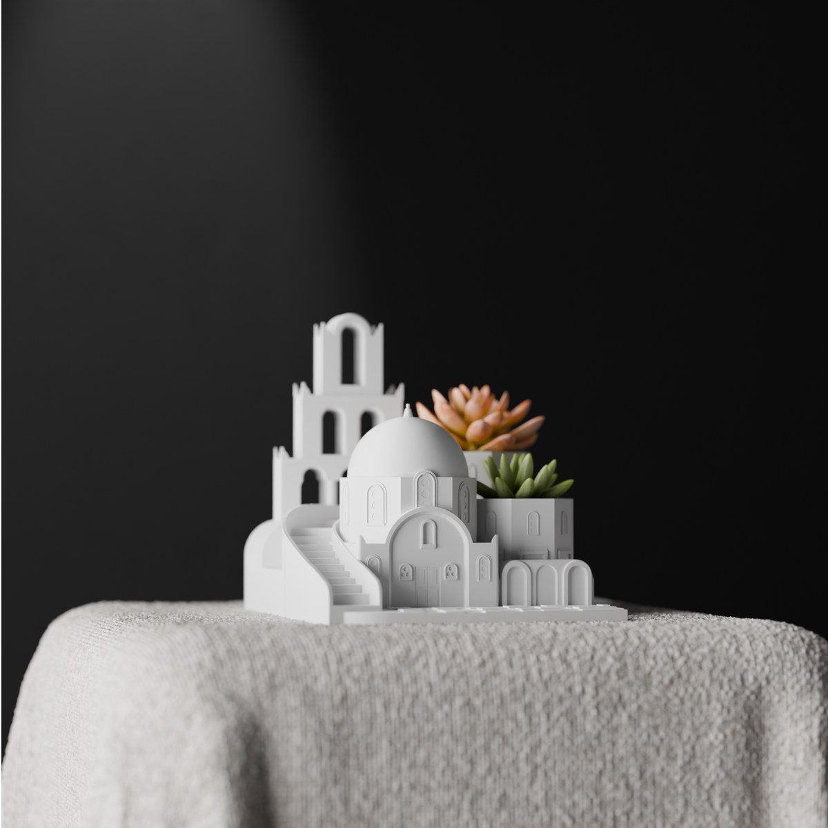 Santorini Oasis Succulent Planter base render showing domed church bell tower arches and stairways
