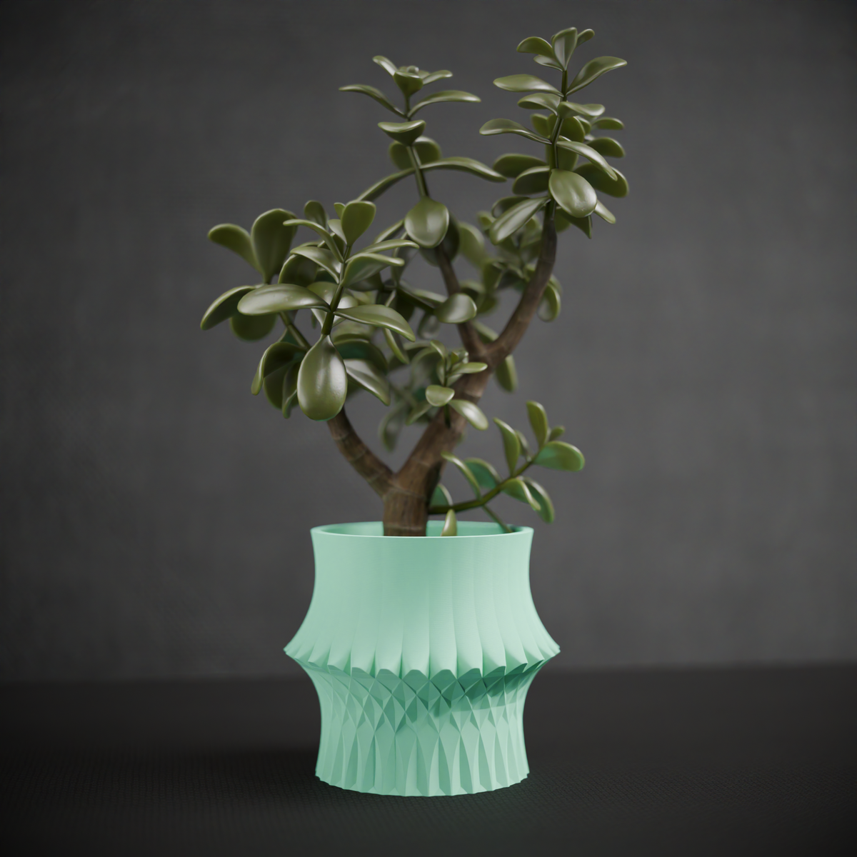 Sculpted Geometric Desk Planter mint green with jade tree on neutral background with pastel geometric shapes editorial lifestyle