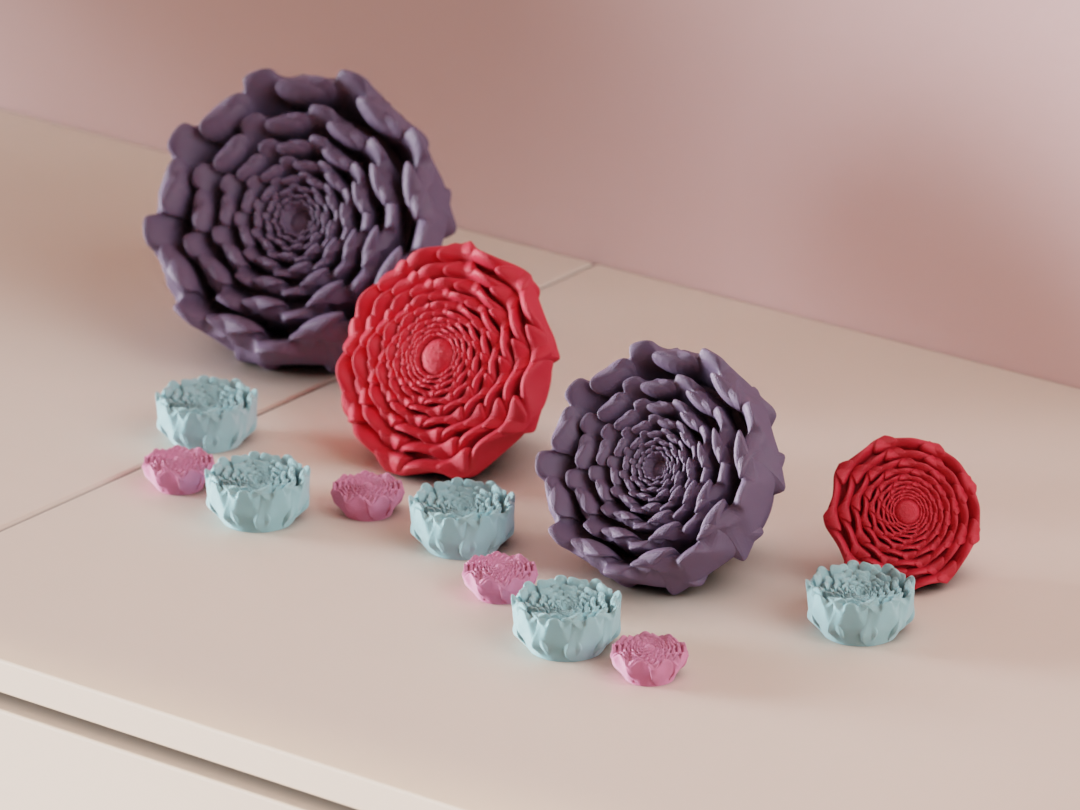 Spiral flower decorations arranged on a shelf