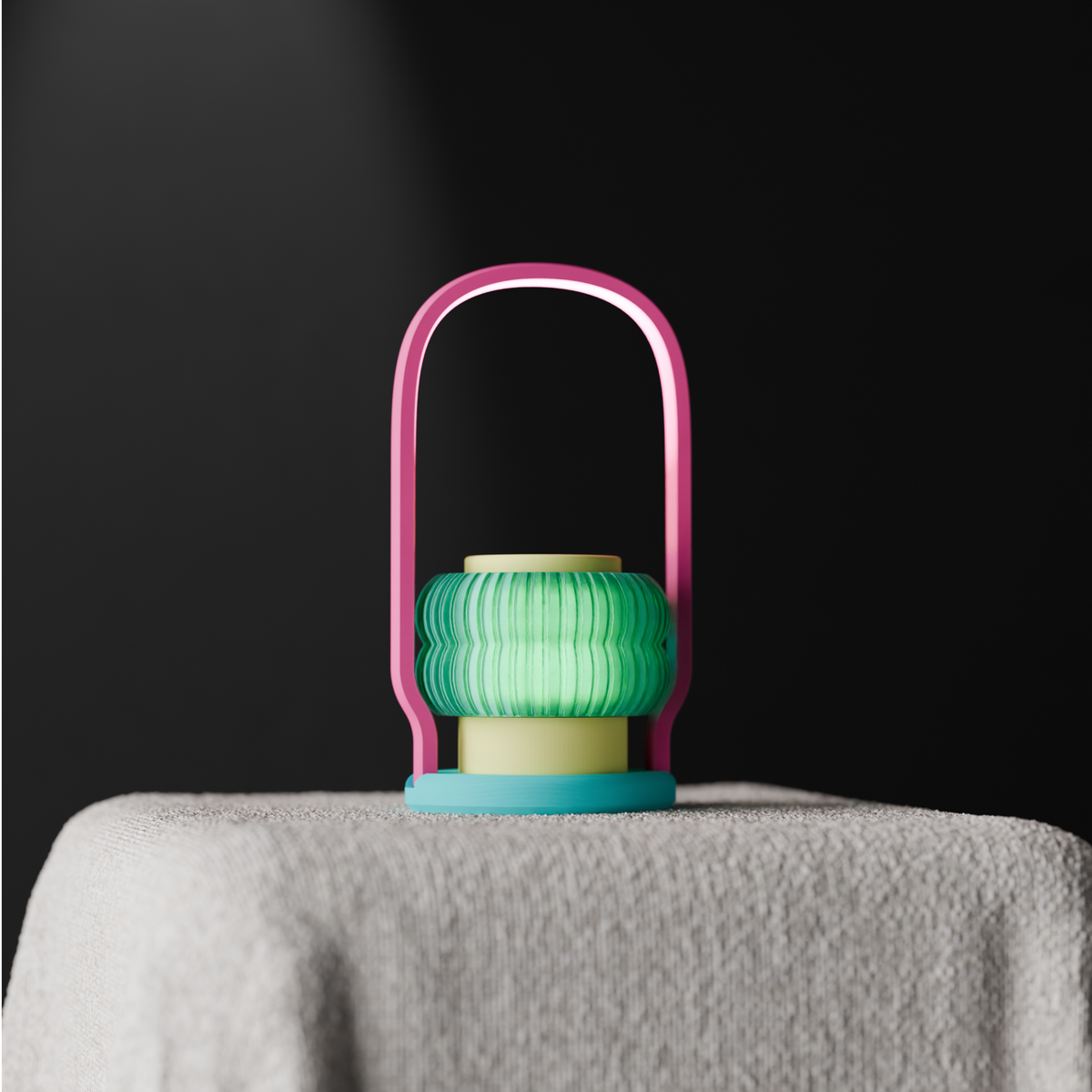 Modern Wireless Lantern Lamp base render clean white background showing arched handle ribbed bubble diffuser and circular base