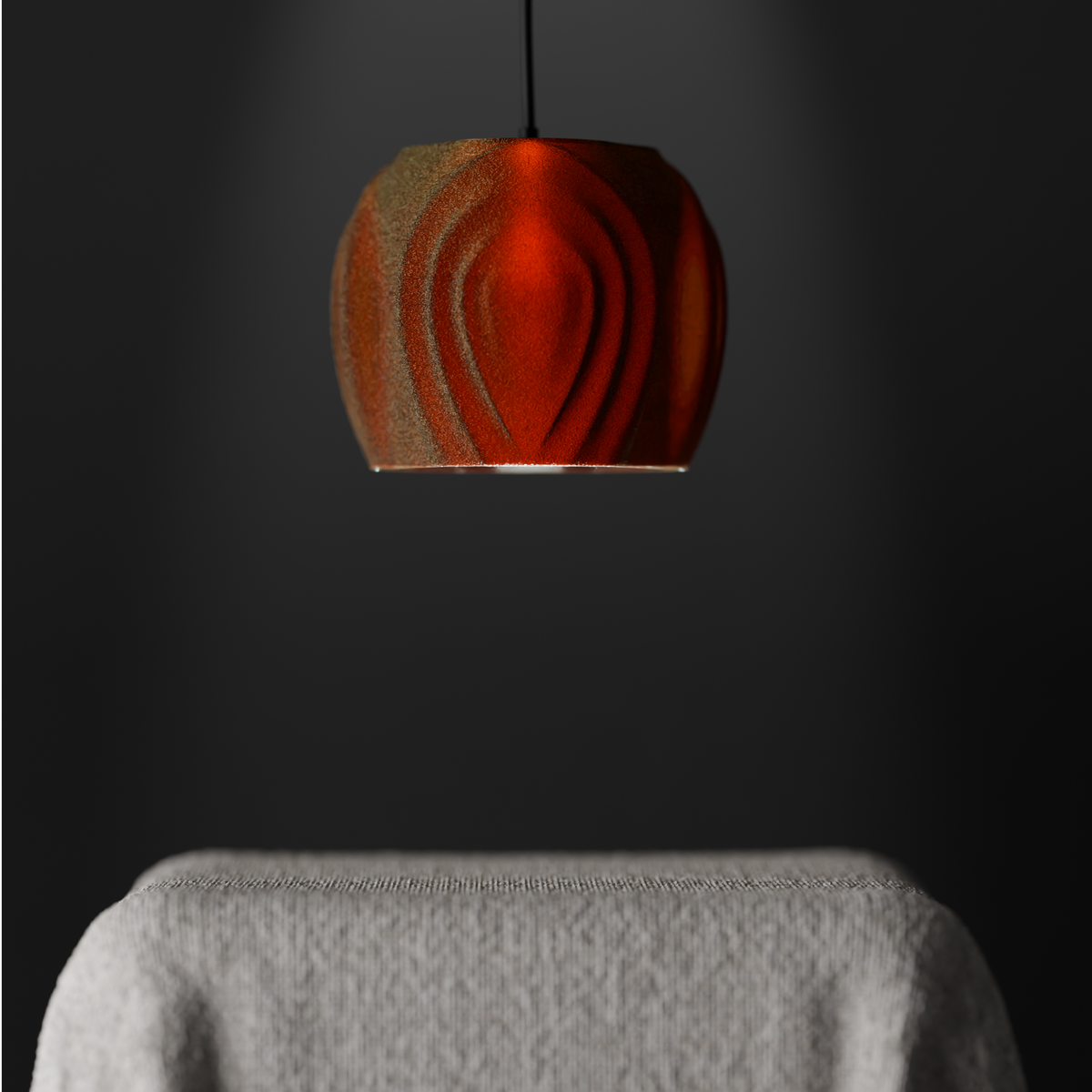 Tri Tear pendant lamp shade terracotta red hanging over draped linen table dark studio moody lifestyle wider view