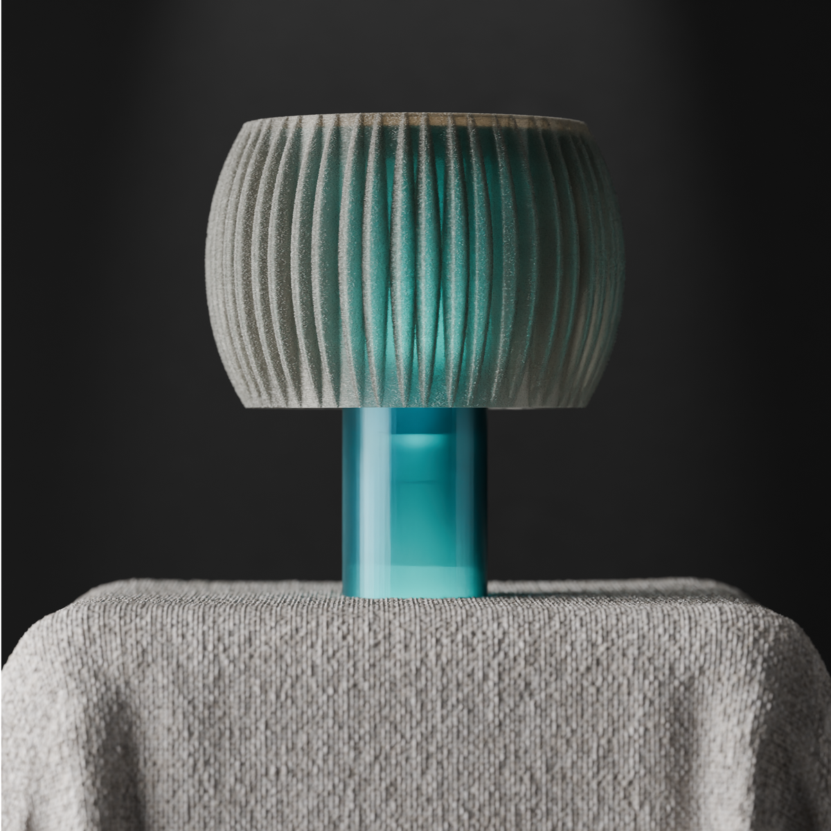 Elegant Funnel Glow Lamp pink shade teal base render dark background close-up product shot