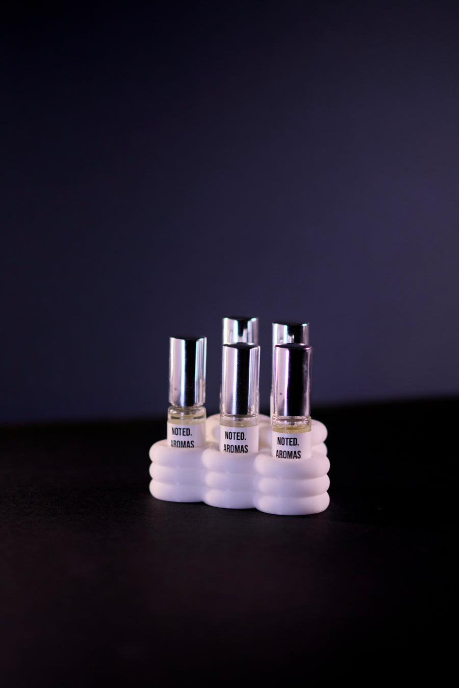 Cloud Perfume Sample Stand base render showing soft bubble cloud silhouette with three vial slots