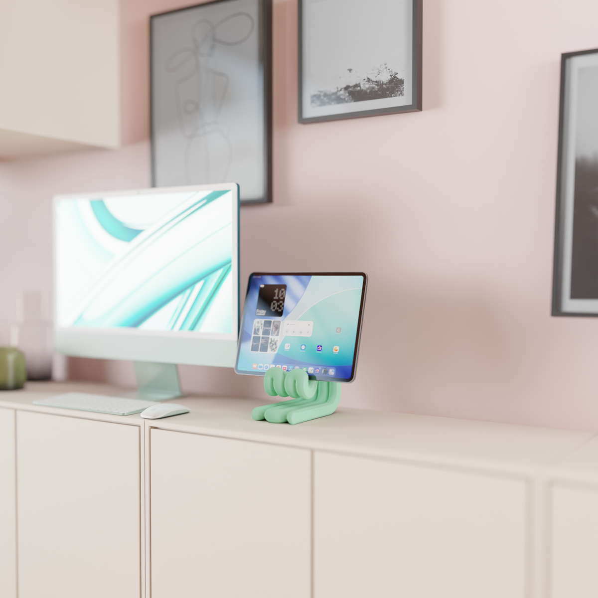 Wibble iPad Stand white base render showing tubular loop cradle and feet clean white background