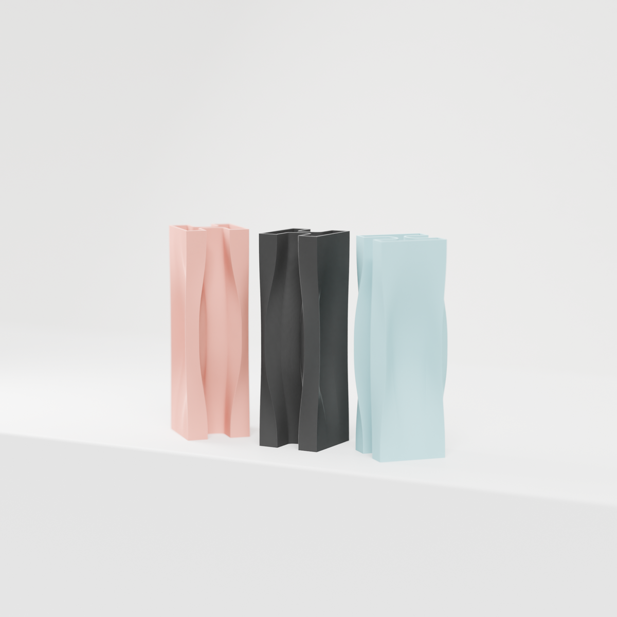 Dynamic Flowing Modern Vase base render clean white background showing flowing faceted surface pink charcoal blue trio