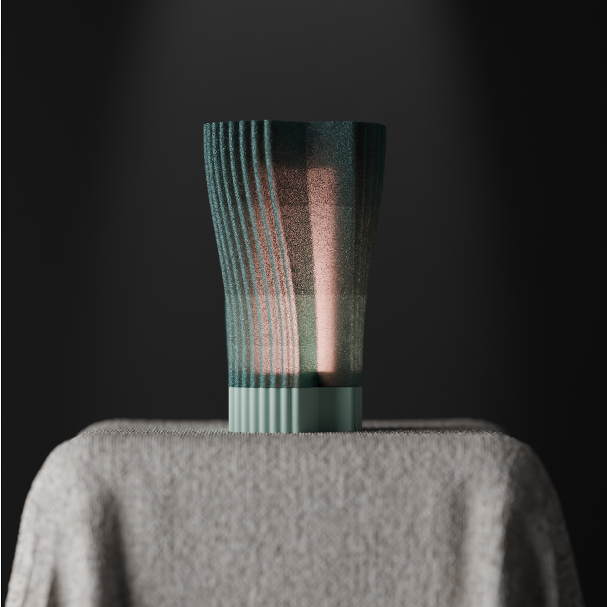 Swirl and Shine Desk Lamp base render white background showing ribbed twisted outer shade and smooth inner cylinder two-layer design