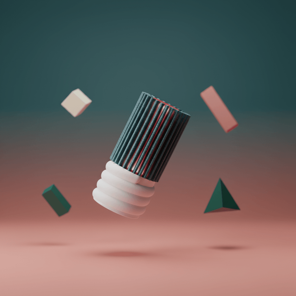Ribbed Cylindrical Desk Lamp teal ribbed cylinder and white spiral base floating surrounded by geometric shapes teal pink background
