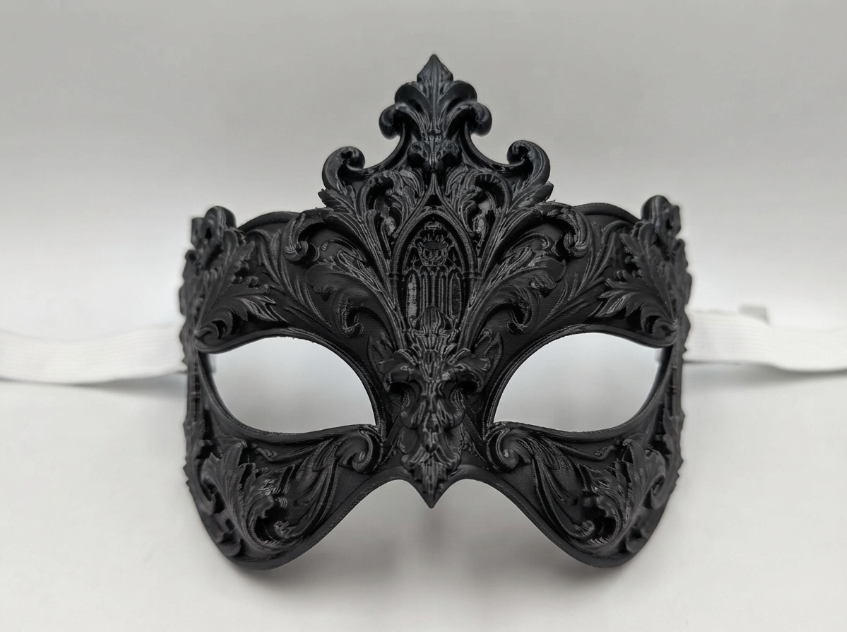 Black ornate Baroque masquerade mask reference photo; strap shown is not included