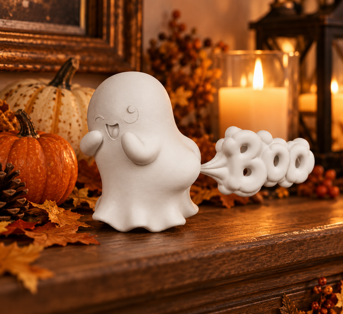 Ghost Farting white ghost decorative figure styled with pumpkins by a window
