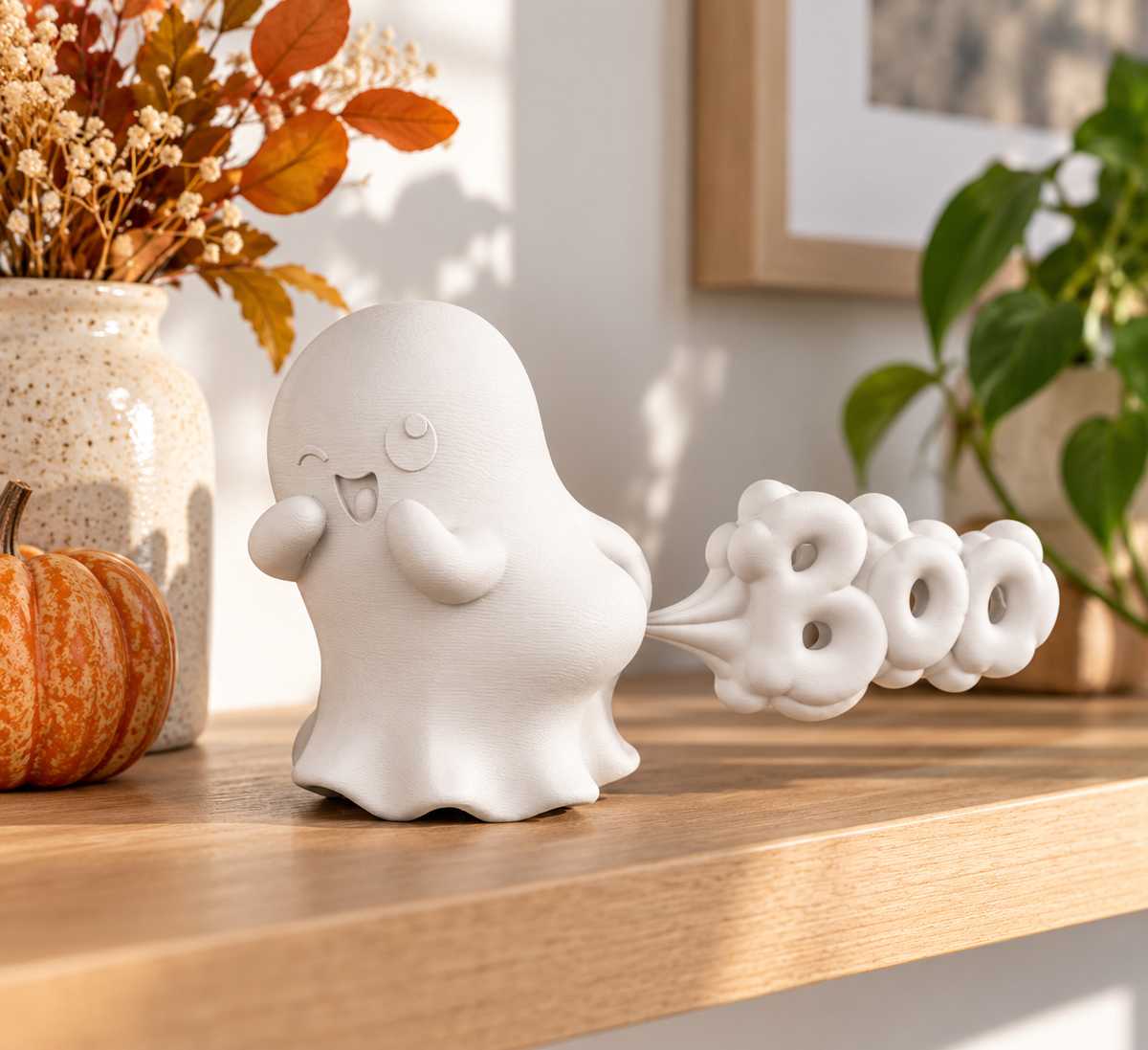Ghost Farting white ghost decorative figure displayed on a wooden shelf