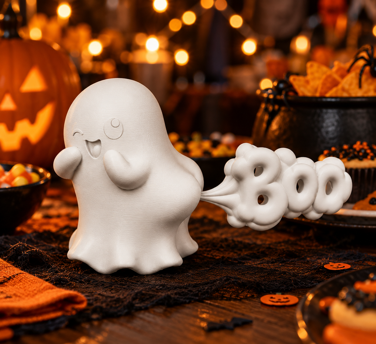 Ghost Farting white ghost decorative figure styled with autumn leaves and pumpkins