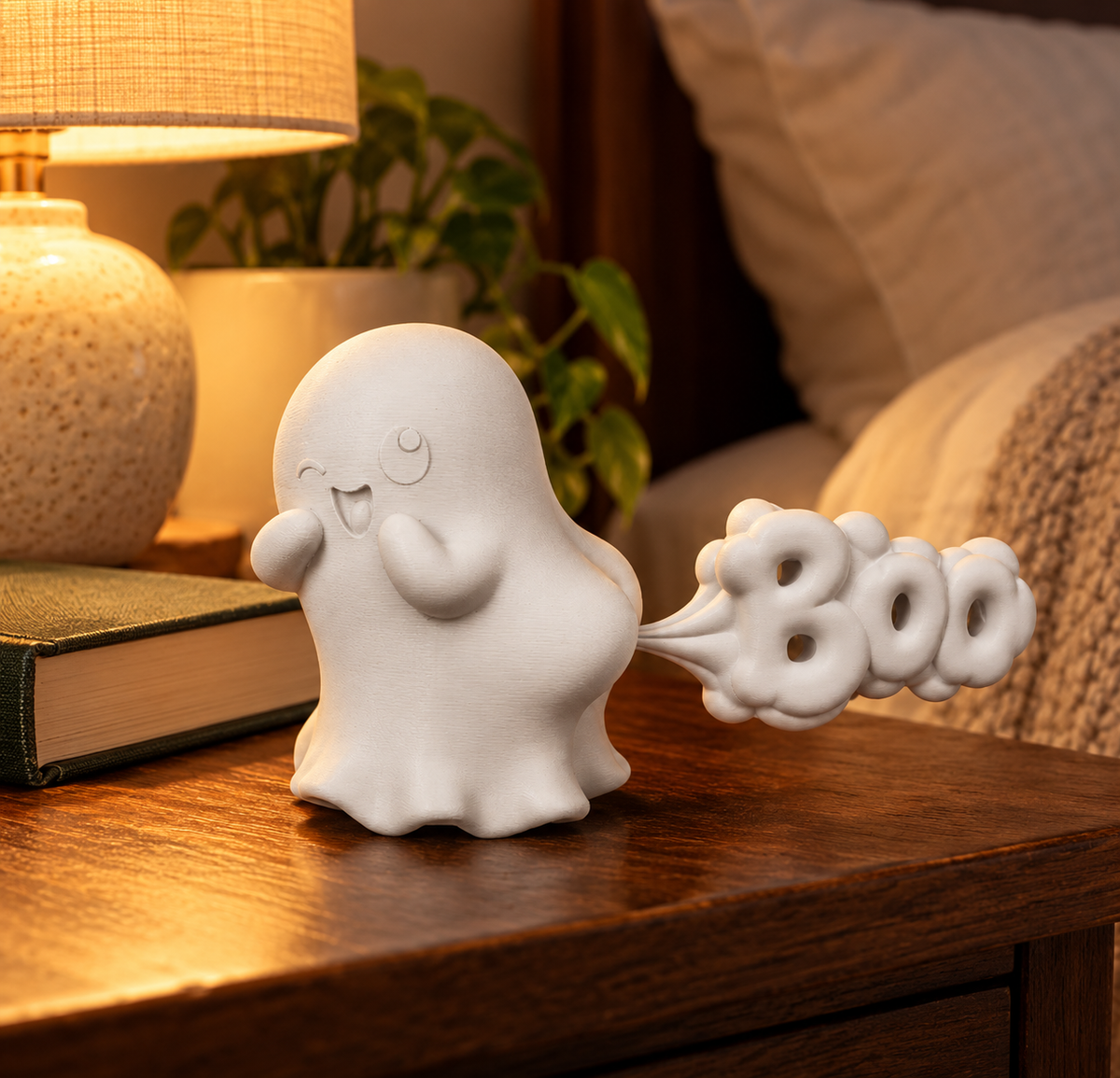 Ghost Farting white ghost decorative figure displayed with warm candlelight