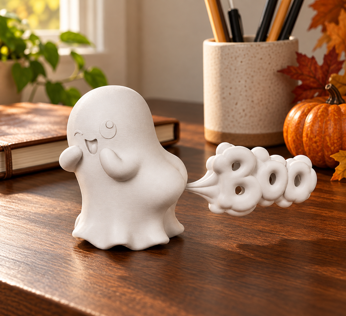Ghost Farting white ghost decorative figure displayed beside books and a pumpkin