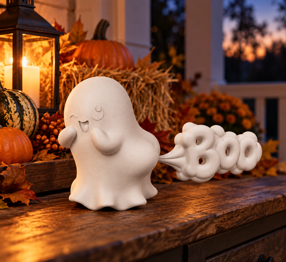 Ghost Farting white ghost decorative figure styled with autumn décor at dusk