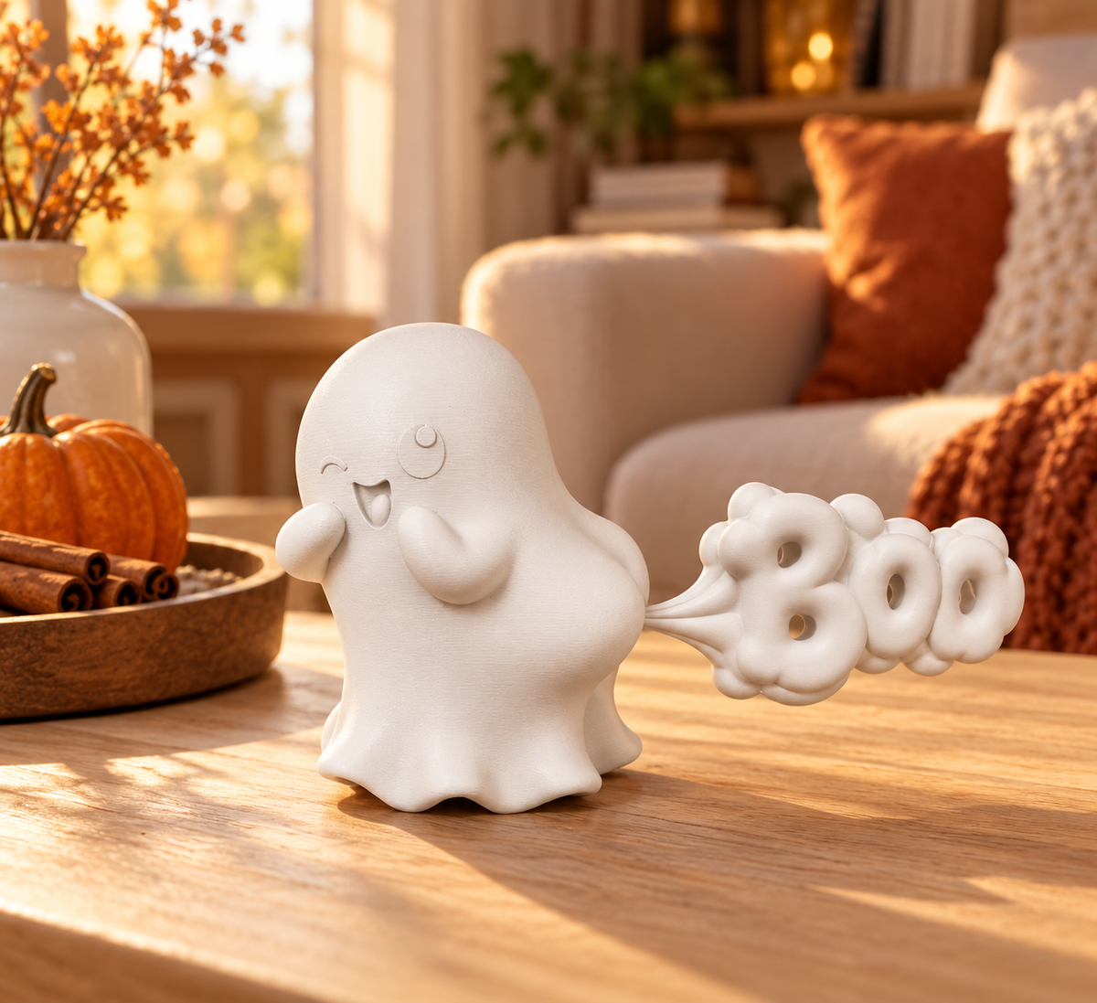 Ghost Farting white ghost decorative figure displayed on a bedside table