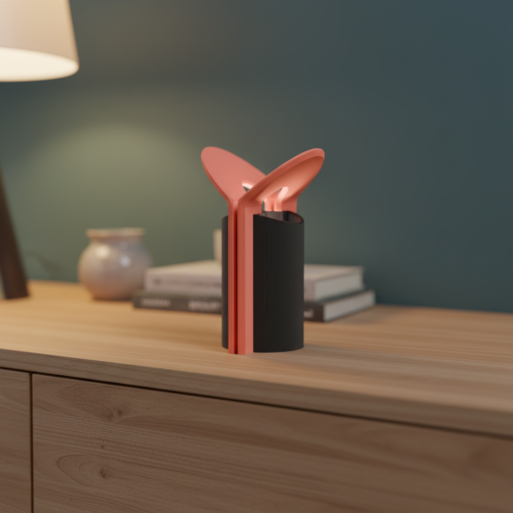 Modern Uplight Bounce Lamp pink and charcoal on light oak sideboard with succulent and framed art Japandi interior lifestyle