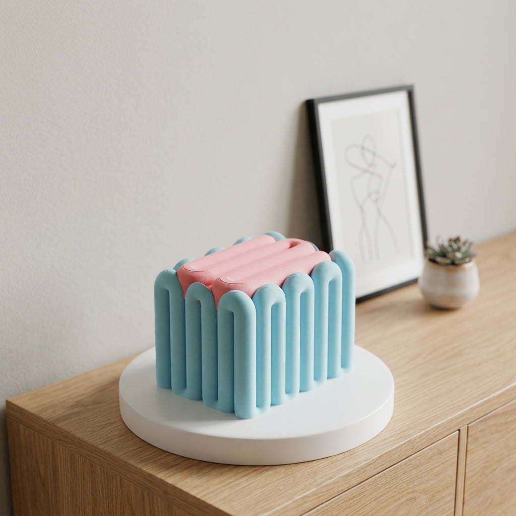 Pastel blue wibble aesthetic open storage box on white display plinth with geometric shapes pastel product photography